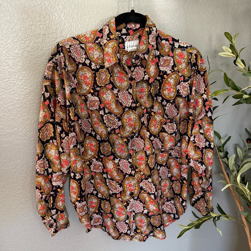 At Last Studio Vintage Paisley Button Down Shirt - Black, Red, and Gold
